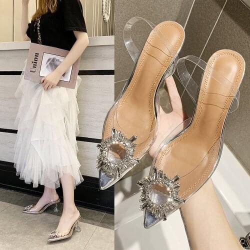 2021 Summer new Korean version of rhinestone transparent crystal shoes high heel sandals stiletto shoes Large size