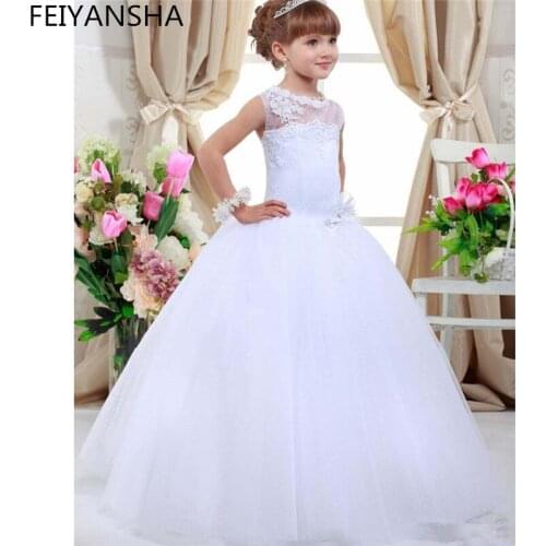 New First Communion Dresses for Girls Champagne Lace Up Sleeveless Ball Gown Appliques Flower Girl Dresses for Weddings Hot