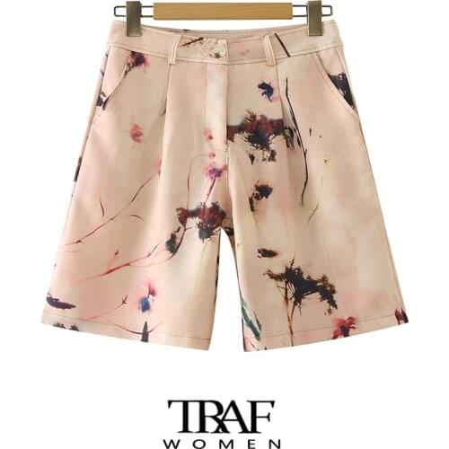 TRAF Za Women Fashion Side Pockets Printed Straight Shorts Vintage High Waist Zipper Fly Female Short Pants Mujer