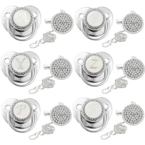 Initial Letters Rhinestone Baby Pacifier Silver Luxury Pacifier Clips Chain 26 Letters Silicone Pacifiers Newborn Nipple Holder