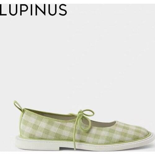 LUPINUS 2021 Spring New Women Check Lace-Up Mary Jane Shoe Fashion Round Toe Women Flat Shoe Mixed Colors Canvas Women Shoe