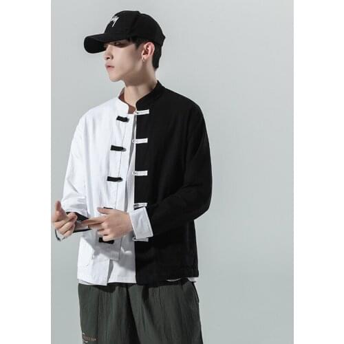 Traditional Chinese Style Retro Tops Men Linen Black White Loose Shirts Kung Fu Cardigan Jackets Blouse Coat Tang Suit KK3491
