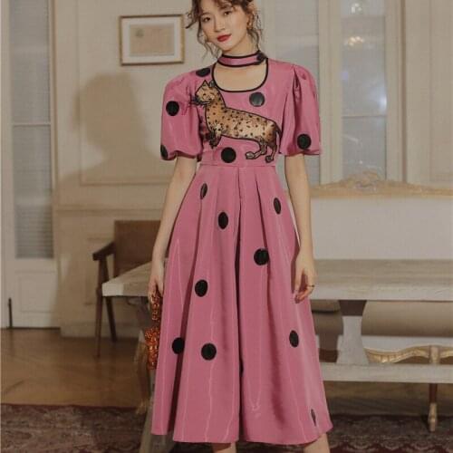 Vintage Polka Dot Pink Long Dress Women Embroidered Cat Halter Tunic Glitter Summer Puff Sleeve Ladies Dresses