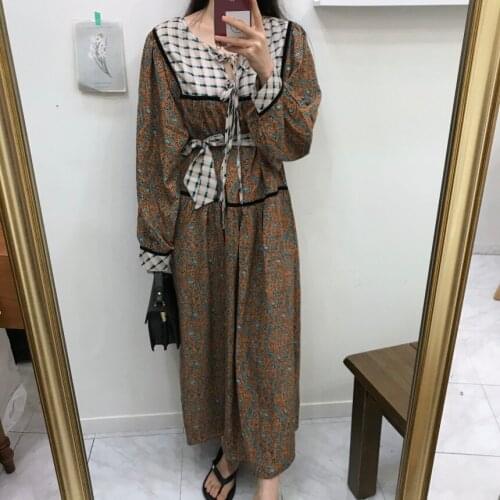 Vintage V-Neck Floral Print A-Line Dress Women One Piece Autumn Chiffon Long Dresses Female Korean Chic Lace Up Vestidos Femme