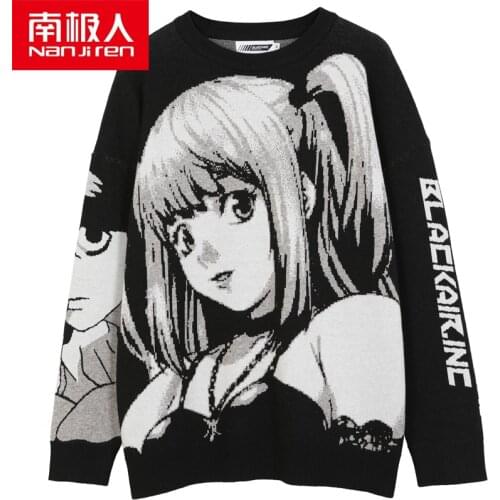 NANJIREN Mens Hip Hop Harajuku Sweater Vintage Retro Japanese Style Anime Girl Knitted Sweater 2021 Spring Cotton Pullover