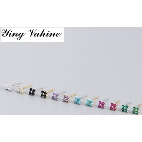 Ying Vahine 100% 925 Sterling Silver Purple Red Green Black White Blue Zircon Little Flower Stud Earrings for Women Jewelry