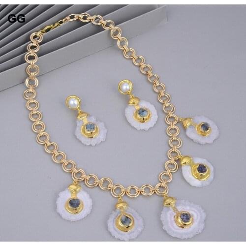 GuaiGuai Jewelry Unique Festoon Necklace Natural White Quartzs Slice Gray Druzy Gold Color Plated Chain Necklace Earrings Sets
