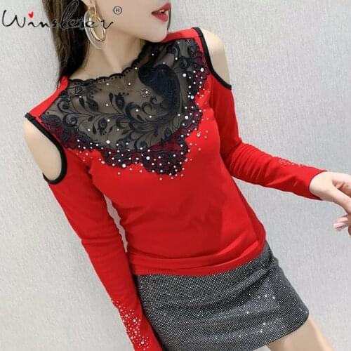 Spring Fall Korean Clothes T-Shirt Girl Fashion Sexy Diamonds Off Shoulder Patchwork Embroidery Cotton Women Tops Tees T11403A