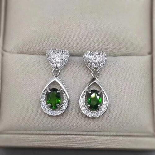Fashion natural green diopside heart waterdrops stud earrings Natural gemstone earrings S925 silver girl party gift jewelry