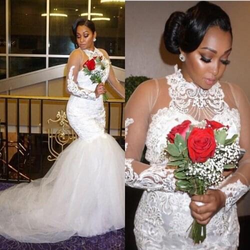 Plus Size Wedding Dresses Lace Appliques Illusion Long Sleeves Wedding Gowns High Neck Beads Bohemia Bridal Dress African