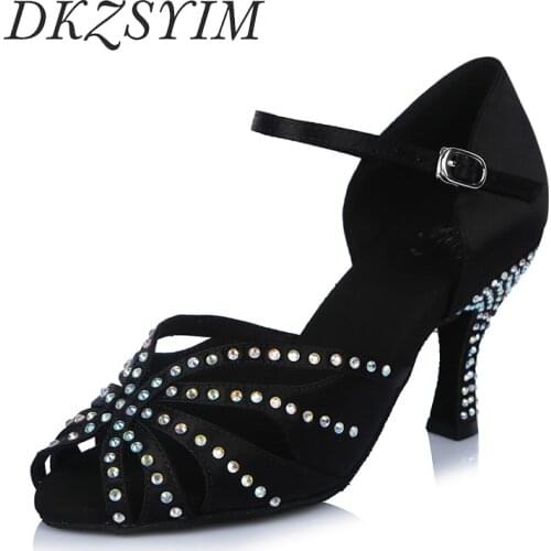 DKZSYIM Women Latin Dance Shoes Satin+Rhinestone Ballroom Perform Salsa Dancing Shoes Soft Soles Girls Dance Sandals 6.5CM