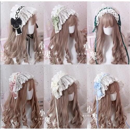 Annies breakfast Cosplay Sweet Lolita Handmade Lolita Bonnet Lace Bowknot Pearl Chain Princess Womens Retro Headwear B565