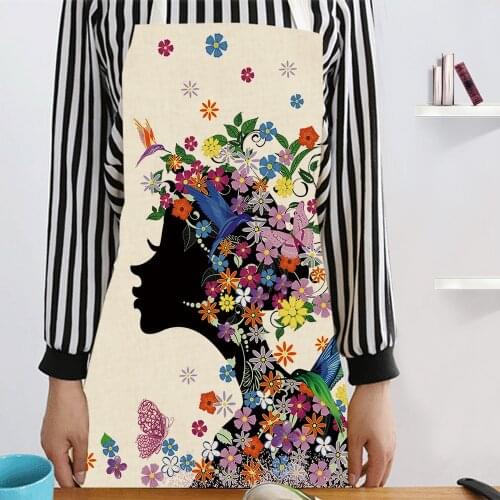 Customized Woman Linen Cooking Apron Dress Flowers and Butterfly Printed Kid Aprons Home Accessories Korean Kitchen Supplies