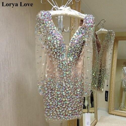 Luxury Beading Crystal Cocktail Dress Sexy Short Celebrity Long Sleeves Prom Dress Vintage Women Formal Party Homecoming Gowns