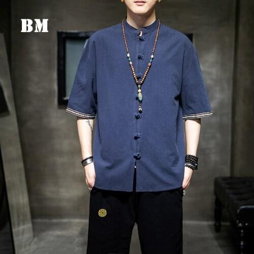 2021 Summer Chinese Style Short Sleeve Oversized Stand Up Collar Shirt Men Clothing Harajuku Cotton Linen Plus Size Top Male