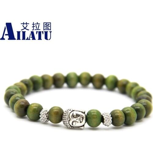 Ailatu Promotion Green Wood Buddha Head Bracelet Jewelry Prayer Mala Beads Hombre Bracciali