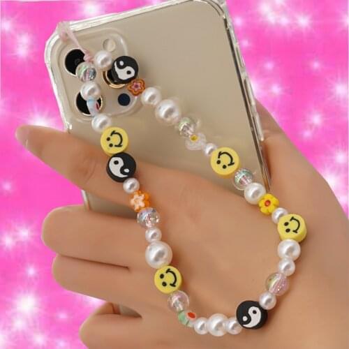 90s Aesthetic Pearl Flower Yin Yang Smiley Phone Chain Vintage Goth Fashion Keychain Charms Y2K Accessories Friends Gifts