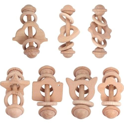 Baby Wooden Beech Rattle Toddler Teething Nursing Toy Shower Gifts Soother Molar Teether