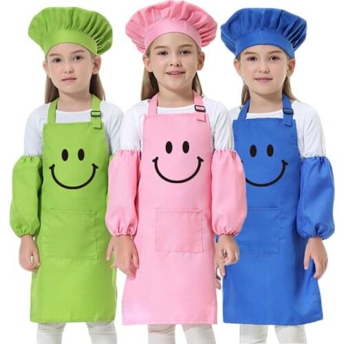 Kids Eating Clothes Cooking Apron Baking Painting Smock Chef Hat Kit Children Bib Pinafore Print Logo