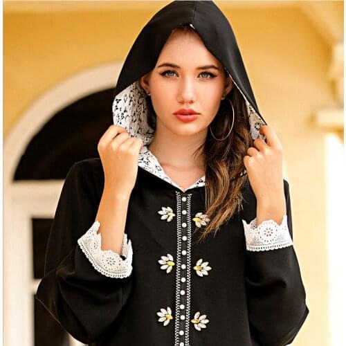 Islam Womens Clothing Muslim Dress Front Open Abaya with Lace Hood Femme Caftan Turkey Marocain Dresses Turkish Dubai Kaftan KJ