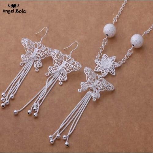 2pcs/set Butterfly Tassel Wholesale High Quality 925 Sterling Silver Fashion Jewelry Set Necklace Earring Drop Shipping