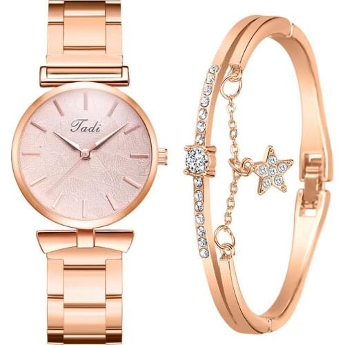Rose Gold Woman Watch Set 2pcs Simple 2020 Gift Leaf Ladies Quartz Wristwatches Star Crystal Bracelet Dress montre femme relogio