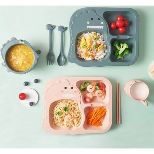 Childrens Tableware Wheat Fiber Dinner Set Kids&Feeding Dinosaur Tableware 6 Piece Set Plates For Food Creative Cartoon Bowl