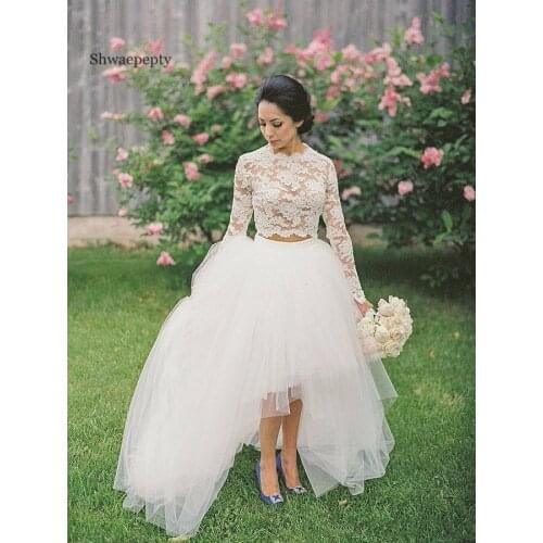 Shwaepepty 2021 High Low Ivory Wedding Dresses A Line Illusion Long Sleeve Top Lace Appliques Vintage Spring Short Bridal Gowns