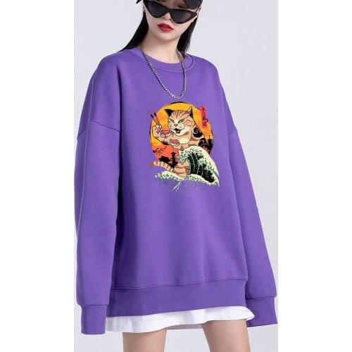 Ukiyo E Style Waves Cat Print Female Sweatshirt Harajuku S-XXL Hooded Fashion High Quality Tracksuit Korean Casual womens Hoody