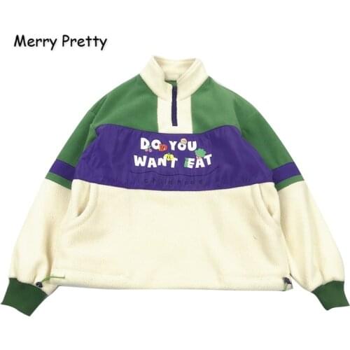 Womens Fleece Green Hoodies Sweatshirts Stand Collar Hit Color Patchwork Pullovers 2020 Sweet Style Tracksuit MERRY PRETTY