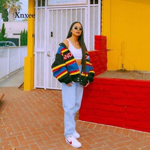 Autumn/winter Womens Letter Striped Harajuku Loose Jacket Fashion Long Sleeve Single Breasted Jacket Streetwear Sports Jacket