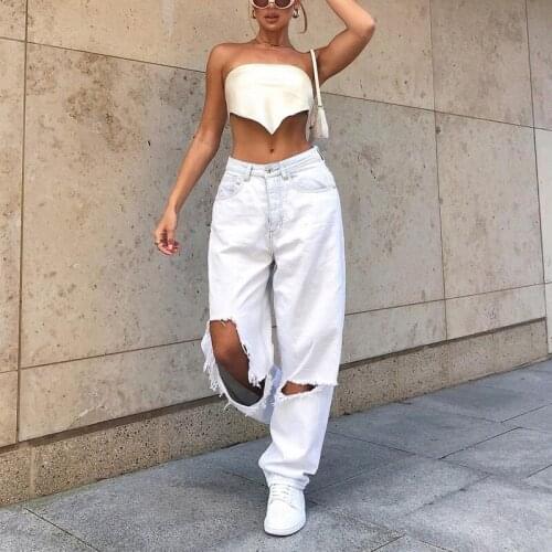 Harajuku White Ripped Hole Baggy Denim Pants Women Vintage Grunge Loose Wide Leg Trousers Boyfriend WomenS Jeans 2021 AA5725