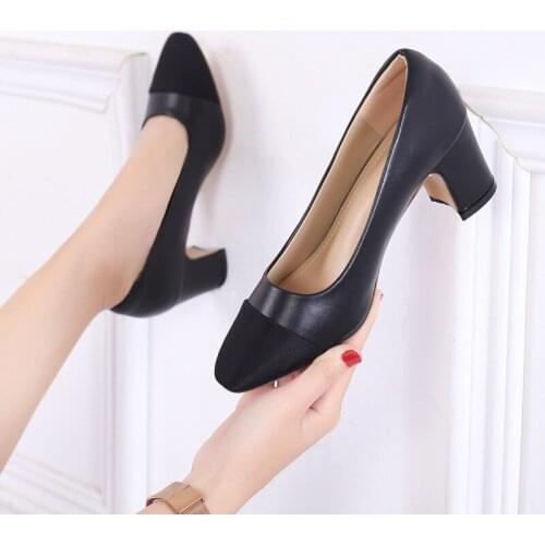 2020 new womens Basic high heels comfort square heel sexy prom wedding shoes PU leather shoes thick with shallow Colorblock
