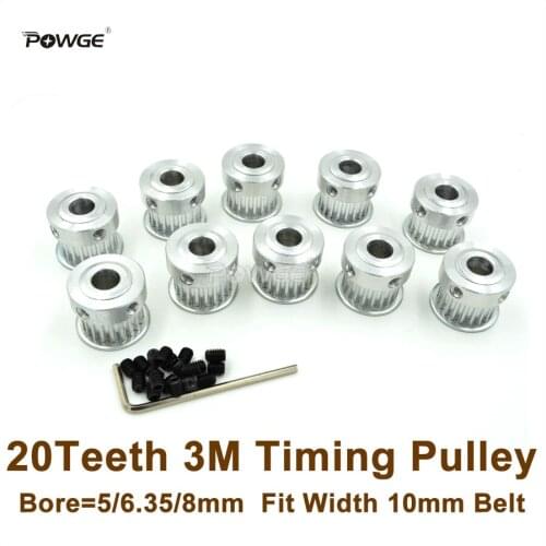 POWGE 50pcs 20 Teeth HTD 3M Timing Pulley Bore 5/6.35/8mm Fit Width 10mm HTD 3M Belt 20T 20Teeth 3M Pulley CNC Engraving Machine