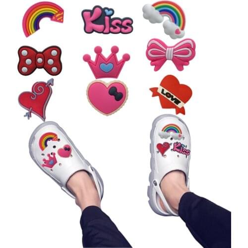 9pcs/lot Sweetheart Shoe Charms Accessories Shoe Decorations Rainbow Pink Bow Crown Ornaments Fit Bracelet Gift for Girls