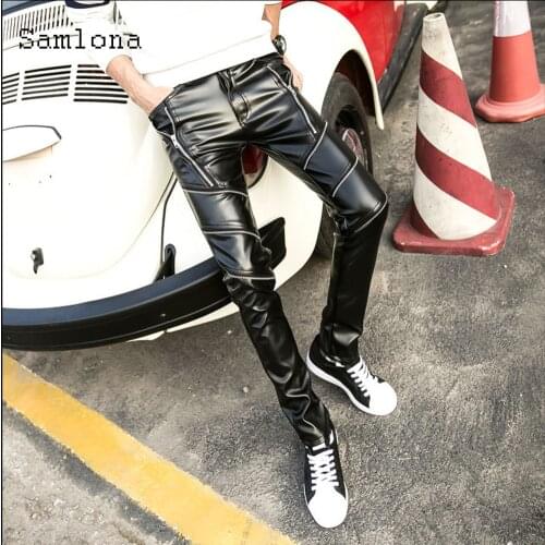 Samlona 2021 Spring Autumn Men Faux PU Leather Pants Big Size Male Skinny Trousers Punk Style Multi Zipper Pantalon Dance Pants