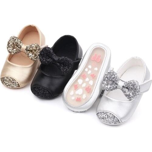 #EW Newborn Toddler Girls Princess Shoe Bling Bowknot Leather Shoe Rubber Soft Sole Baby First Walking Shoes chaussures fille