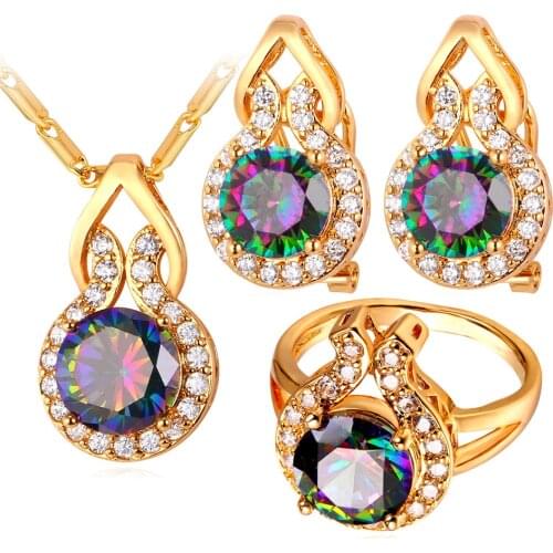 Collare Big Austrian Stone Jewelry Sets For Women Gold Color Bridal Wedding Bands Crystal Ring Earrings Necklace Set S244