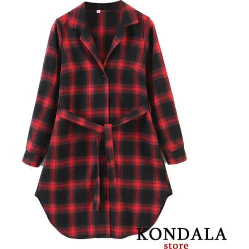 KONDALA Za 2020 Women Fashion Vintage Plaid Print Sashes Dress Long Sleeve Loose Long Dresses Female Elegant Vestidos