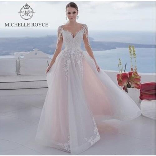 Michelle Royce A-Ling Wedding Dresses 2020 Sexy V-neck Long Sleeve Illusion Button Chapel Train Bridal Gowns Vestido De Noiva