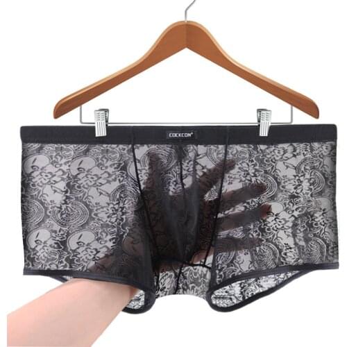 Male Men Hot U convex soft ice silky boxer Sexy Mens Sheer Underwear Boxers Gay Men Transparent Underwear Shorts Lace Panties