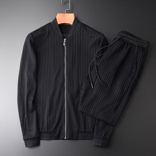 21C Male Jacket Luxury Soft And Thin Striped Stand Collar Man Jackets Hight Quality Slim Fit 2pcs Mens Jackets And Coats Set