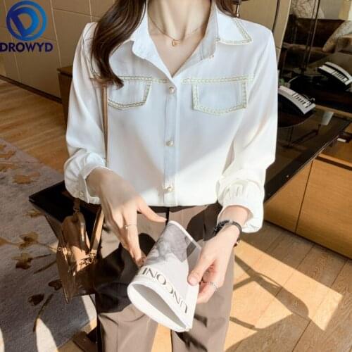 2021 Summer New Ladies Office White Shirt Fashion Temperament Shirt Korean Fashion Clothing Long-sleeved Black Blouse Women