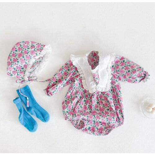 Newborn Infant Baby Girls Purple Flower Rompers Clothing 0-3Yrs Spring Lace Collar Kids Girl Long Sleeve Rompers Clothes