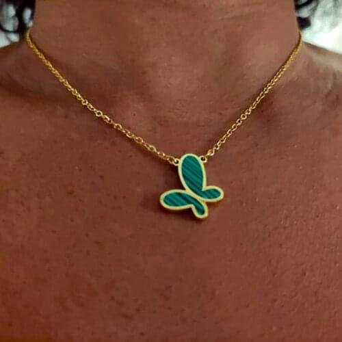 New Green Butterfly Stainless Steel Pendant Necklace for Women Gold Color Fashion Necklace Malachite Stone Charm Collar Jewelry