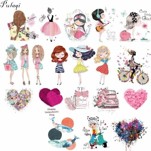 Pulaqi Cute Girl Lifestyle Patch Iron On Transfer For T-Shirts Clothes Heat Thermal Transfers Patch Paste For Kids Stickers F