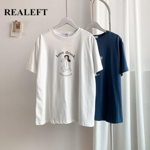 REALEFT Summer 2021 New Classic Letter Printing Loose Womens T-Shirts Bottoming O-Neck Short Sleeve Female Shirts Tops Tee