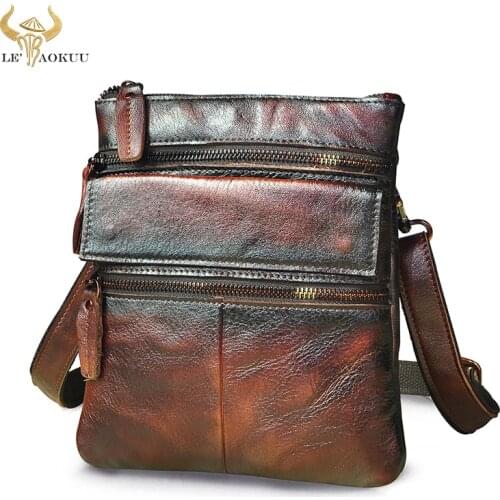 Luxury Quality Leather Male Retro Wine School Messenger bag Design Satchel Book Cross-body Shoulder bag 8" Tablet Case Men 302