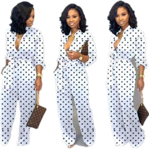 S-3XL plus size summer white jumpsuit women clothing fashion casual dot long sleeve wide leg Romper Wholesale Dropshipping