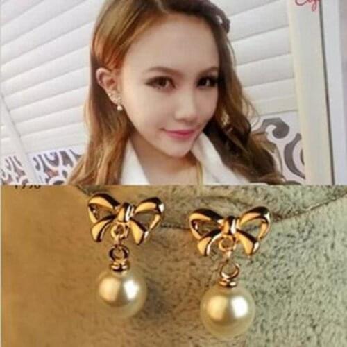 New Korean Version Of The Earrings Gold Bow Pendant Pearl Earrings Jewelry Brincos Boucle D'oreille Pendante Femme Pendientes